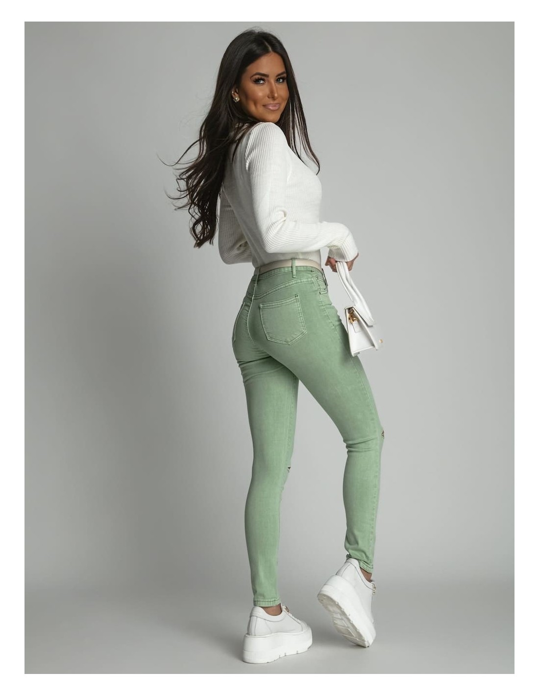 Denim pants with holes on the knees, green 66540 - Online store - Boutique